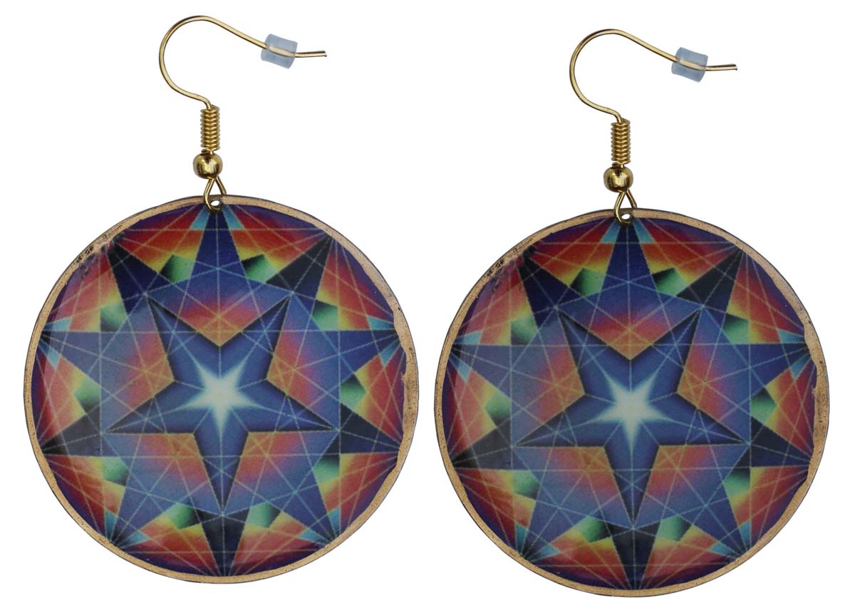 2.5” Brass Hook Earrings with Blue Star Pattern - Drop Earrings / Accessories for Her - Buy in Bulk Wholesale